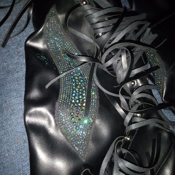 "COUNTRY WIT A LIL RUNWAY"  RHINESTONE OVER THE KNEE STILETTO BOOT /FRINGE BLACK - Picture 7 of 8